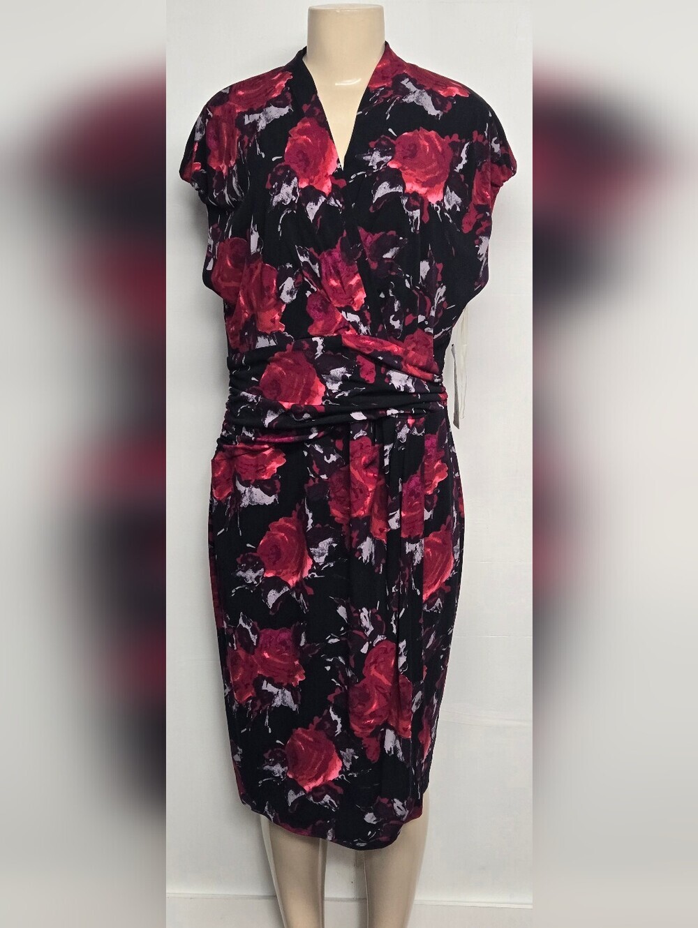 Chaps XL Slinky Stretch Knit Dress Faux Wrap Criss Cross Plunge Sleeveless New